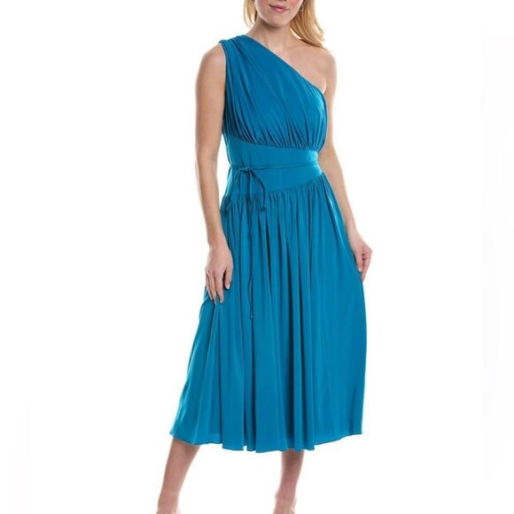 Halston Idalia One Shoulder Ruched Midi Dress Stretch Peacock Teal Blue 10 NWT - Picture 1 of 10